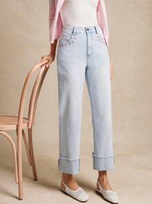 High Rise Bow Embroidered Cuff Slim Straight Denim Jeans Summer Vacation Country Concert - Light Wash - View 1