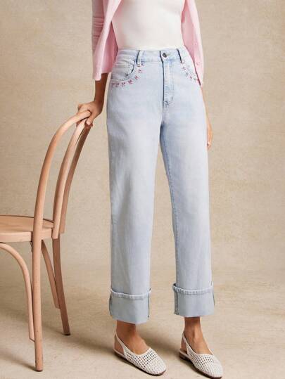 WESTFADE 高腰蝴蝶结刺绣袖口修身直筒牛仔裤 夏日度假 乡村音乐会