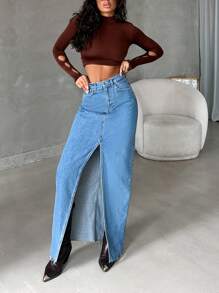 EURMUSE Split Thigh Button Front Denim Skirt - Medium Wash - View 4