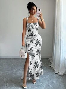 Elenzga 新款女式细肩带蝴蝶结腰部荷叶边下摆开衩设计连衣裙，适合约会、派对、日常穿着，优雅迷人 - 黑色 - 查看 7