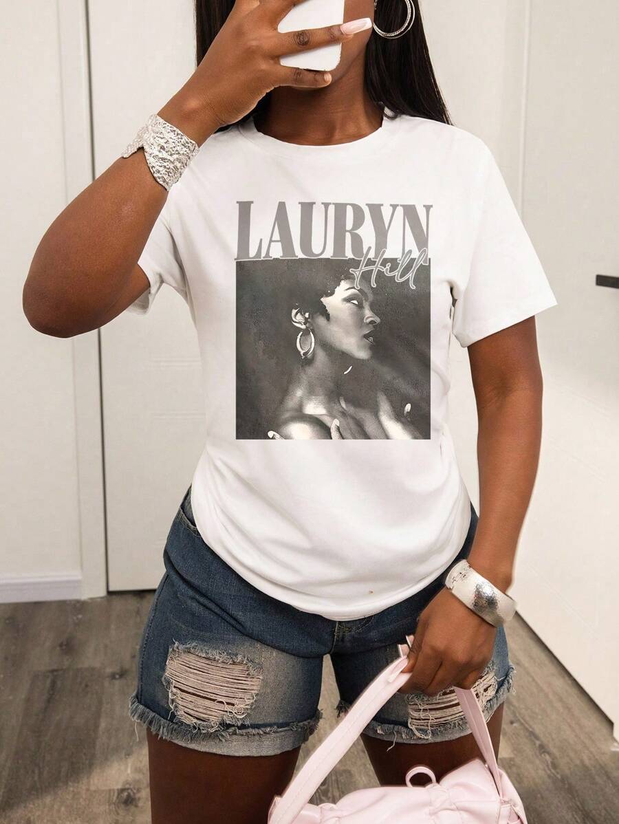 Rovax Women Letter & Figure Print Round Neck Short Sleeve Casual T-Shirt - White - View 1