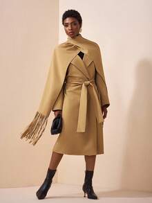 Zivah 2025 Nouvelle arrivée Automne/Hiver, Festival de musique, Saison de remise des diplômes, Style universitaire, Vêtements d'étudiant, Décontracté quotidien, Vacances, Plage, Streetwear, Élégant pour le trajet, Manteau à revers, Manteau à ceinture à la taille, Écharpe à franges, Manteau kaki long