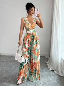 Elenzga 女士花卉印花褶饰腰部连体裤，优雅适合度假和日常通勤 - 綠色 - 查看 1