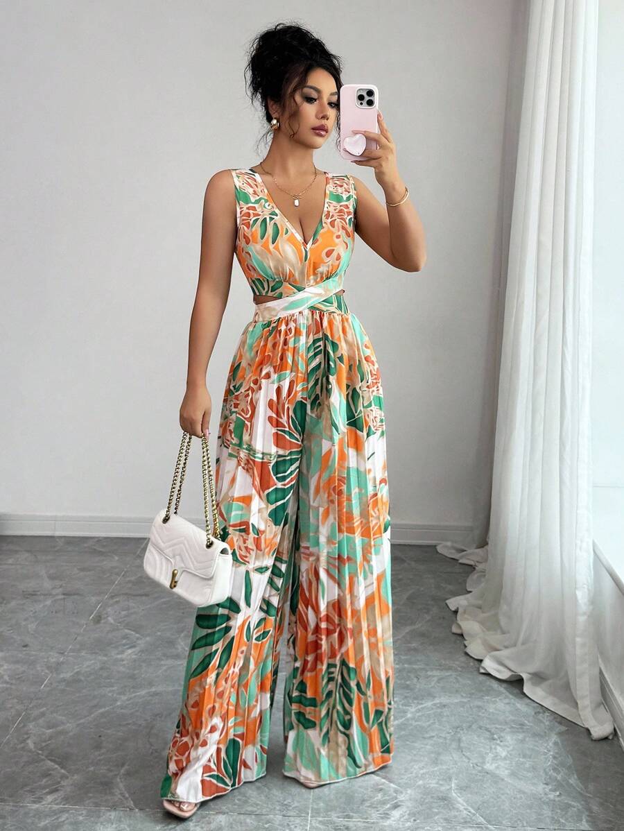 Elenzga 女士花卉印花褶饰腰部连体裤，优雅适合度假和日常通勤 - 綠色 - 查看 1