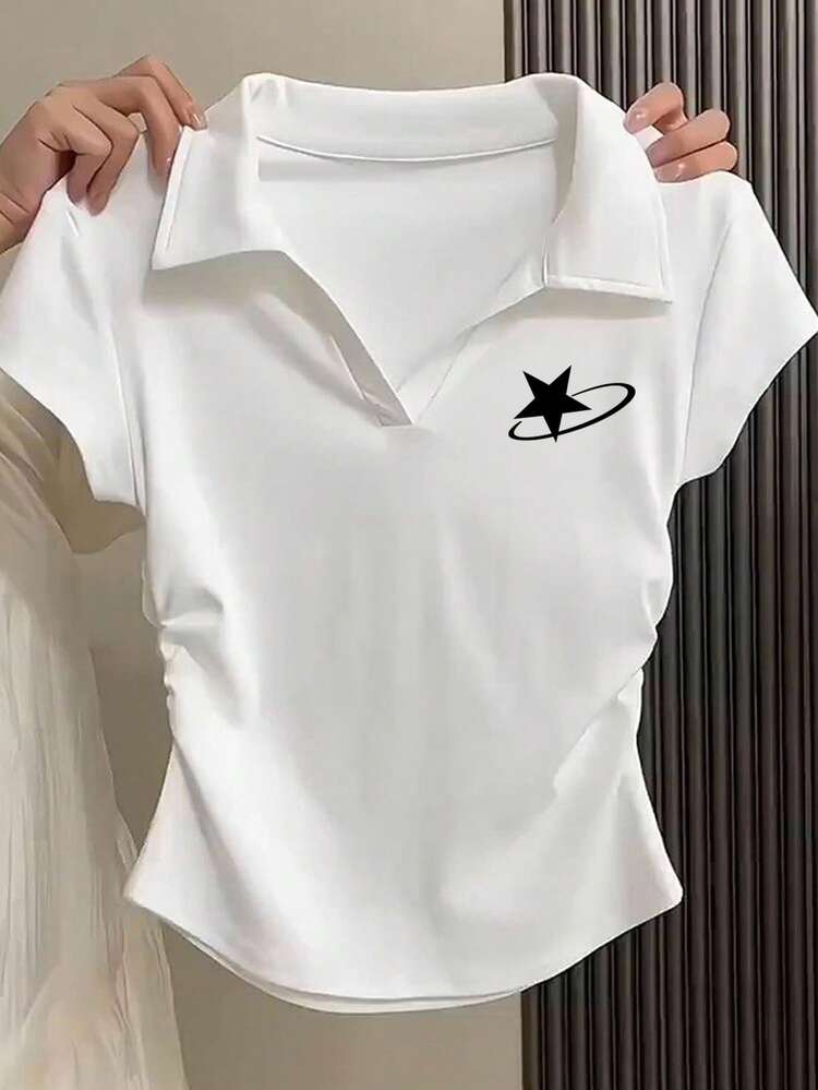 青少年女孩纯色休闲黑色星星印花 Polo 衫 V 领合身侧褶短袖短款 T 恤 - 白色 - 查看 12