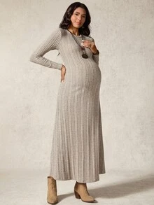 Boho Mama 孕妇纯色圆领长袖罗纹休闲连衣裙 - 卡其色 - 查看 6