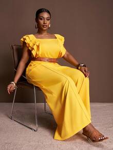 Veslaya 2025 新款女士曲线紧身连衣裤方领荷叶袖褶皱上衣高腰阔腿裤优雅裤套装 - 黃色 - 查看 2