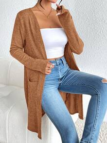 SHEIN Essnce 女士优雅常规针织开衫 开衫 女士开衫 轻薄开衫 棕色开衫 秋冬棕褐色开衫 - 鏽棕色 - 查看 4