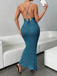 Chiquease Robe moulante en tricot à dos nu avec décoration florale 3D, sexy pour l'été - Vert - Voir 3