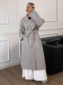 Livesso 女士时尚简约腰带长款风衣女式夹克，秋季女装 - 灰色 - 查看 6