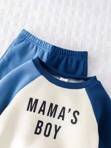 Cozy Pixies 2pcs Baby Boy Letter Print Soft Knit Crew Neck Long Sleeve Sweatshirt And Elastic Waist Pants Set Mamas Boy Outfit Baby Boy Sweatsuit Mommys Boy Baby Clothes Fall Winter - Blue - View 4