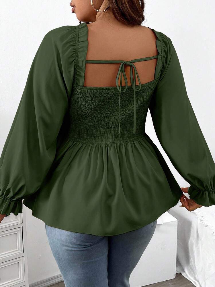 DreamSkyne Plus Square Neck Flare Sleeve Peplum Blouse Peplum Top Fall Cloth For Women - Army Green - View 2
