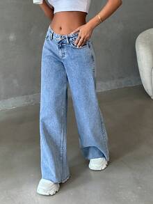 EURMUSE 100% Cotton Low Waist Raw Hem Snow Wash Wideleg Jean - Baby Blue - View 8