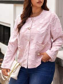 Vionelle 女士加大码优雅时尚高端简约纽扣装饰口袋夹克 - 粉色 - 查看 3