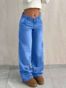 EURMUSE PETITE CASUAL LOW WAIST BAGGY LOOSE STRAIGHT LEG JEAN - Baby Blue - View 3
