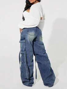 SHEIN ICON 大码女式工装口袋褶皱阔腿宽松休闲牛仔裤 - 霧霾藍 - 查看 7