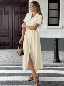 SHEIN PariChic 杏色褶边口袋衬衫裙，休闲优雅办公室女士长裙 - 杏色 - 查看 6