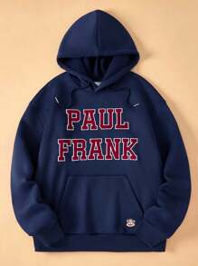 Paul Frank X SHEIN Men's Casual Letter Graphic Pocket Drawstring Hoodie , Fall - Navy Blue - View 1