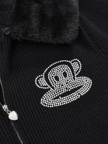 Paul Frank X ROMWE 加大码字母水钻装饰女式紧身撞色仿毛领开衫 - 黑色 - 查看 8