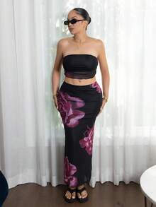 Melissa Matos Bộ 2 món/Bộ áo ống in họa tiết hoa lưới và chân váy xếp ly cho nữ - Màu Hồng Tươi - Xem 1