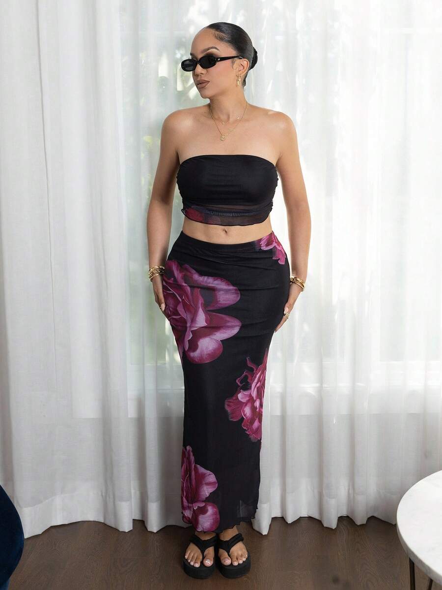 Melissa Matos Bộ 2 món/Bộ áo ống in họa tiết hoa lưới và chân váy xếp ly cho nữ - Màu Hồng Tươi - Xem 1