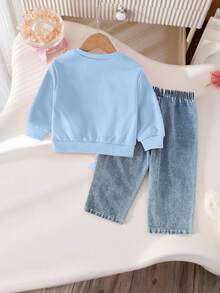 SHEIN Playful Pals 2 件女童休闲时尚圆领灯笼袖蝴蝶结装饰运动衫和松紧腰宽松直筒牛仔裤套装，适合春季、秋季和返校季