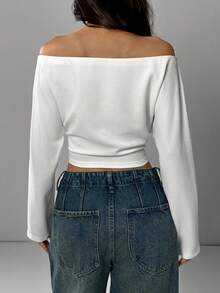 SHEIN EZwear Camiseta de manga larga de unicolor para mujer, prenda de vestir casual de estilo minimalista para uso diario - Blanco - Ver 2