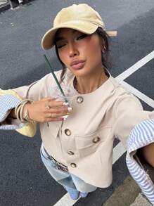 SHEIN EZwear 秋季女装 Old Money 秋季风衣 女士卡其色梭织短款风衣 短款夹克 女士夹克 女士西装外套 - 卡其色 - 查看 7