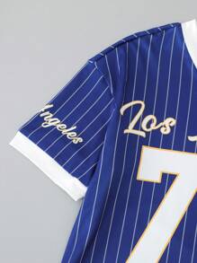 SHEIN Sparklyn Tween 女童休闲街头运动棒球夹克、冰球服、字母和数字印花 V 领 T 恤 - 藏蓝色 - 查看 4