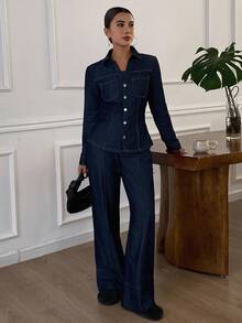 Livesso Höst/Vinter Nytt Löst Casual Urban Stil Dam Denim 2-delat Set - Blå - Visa 3