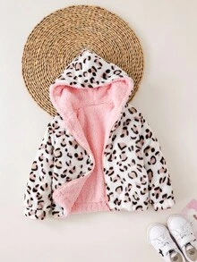 SHEIN Babygirl 秋冬可爱蓬松豹纹连帽夹克 - 粉色 - 查看 5