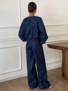 Livesso 2 piezas Conjunto de chaqueta y pantalones de mezclilla casual urbano para mujer, otoño/invierno - Azul - Ver 2