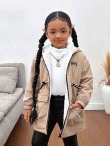 Chaqueta con capucha casual de color caqui para niña, con forro térmico, adecuada para otoño/invierno - Caqui - Ver 3
