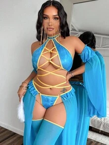 Fantasy Costume 5件大码女士露肩交叉镂空设计内衣套装 - 藍色 - 查看 3