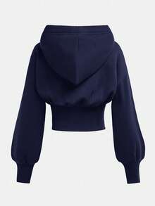 SHEIN Girlism 少女海军蓝连帽短款高腰长袖休闲纯色运动衫 - 藏蓝色 - 查看 2