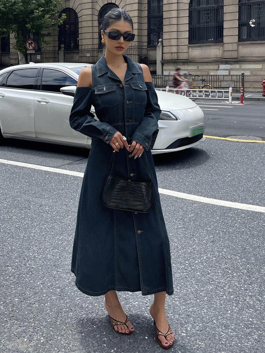 DAZY 女士休闲露肩洗水牛仔连衣裙，秋季女装