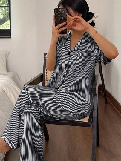Zwart Wit Gestreepte Pajama Pant Set Women Regular Fit Button Down Pyjama Up Nightgown view 3