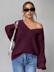 EURMUSE Maglione casual oversize da donna a maniche lunghe con scollo a V e spalle cadenti, in tinta unita - Bordò - Visualizzare 5