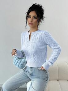 EURMUSE Damtröja med v-ringning och långärmad, avslappnad, kort tröja, tvinnad kabelmönster - Babyblå - Visa 6