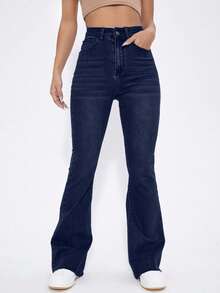 EURMUSE Quần denim ống loe cạp cao đơn sắc, thường ngày đa năng dành cho nữ, mùa hè - Rửa tối - Xem 3