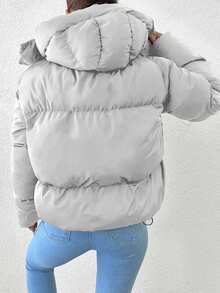 EURMUSE 女式纯色长袖拉链前抽绳连帽休闲冬季夹克 - 白色 - 查看 2