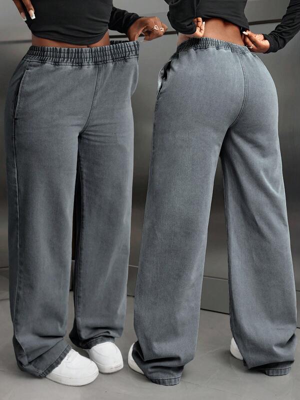 EURMUSE Jeans droits à taille élastique décontractés pour femmes