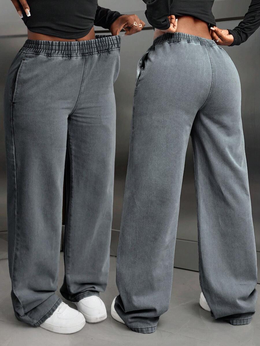 EURMUSE Jeans droits à taille élastique décontractés pour femmes - Gris - Voir 1