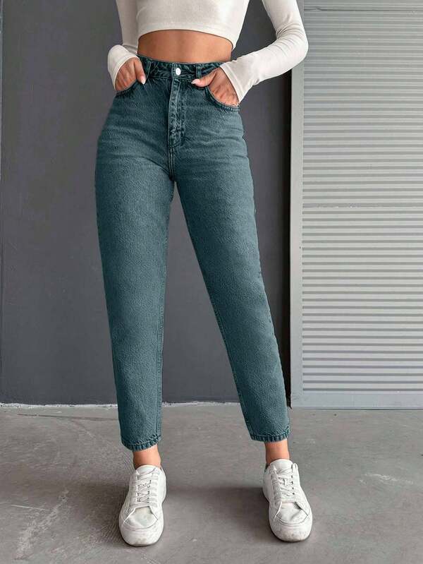 EURMUSE Women's Grey Pocket Straight Leg Cropped Length Denim Jeans
