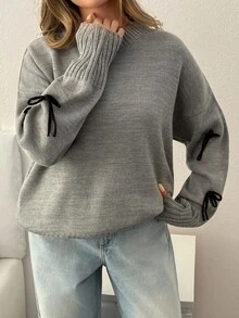 EURMUSE Women's Casual Long Sleeve Sweater With Bow Tie, Autumn/Winter Gray Sweater Women's Sweater Knit Top Jumper Gray Top,Jumpers,Women's Jumpers - Grey - View 2