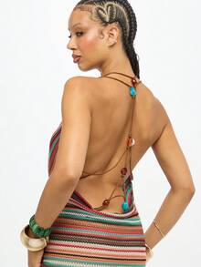 SUMWON WOMEN 多色条纹针织露肩吊带迷你连衣裙，串珠露背设计，波西米亚风，适合节日、夏季派对和海滩穿着 - 彩色 - 查看 8