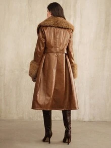 Anewsta Autumn/Winter Coffee Brown Detachable Fox Fur Collar Waist Belt Flared Hem Long Leather Jacket Coat - Brown - View 7