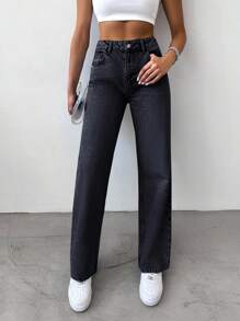 EURMUSE 100%Cotton Slant Pocket Straight Leg Jeans - Black - View 3