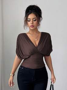 Elenzga Áo thun nữ xuân/hè chất liệu lưới co giãn, lót lưới, thanh lịch, đi biển, thường ngày, kiểu Pháp lãng mạn, xếp ly chéo, tay lỡ, eo nhún bèo, viền nhún bèo - Cà phê nâu - Xem 5