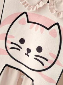 年轻女孩卡通猫印花披肩和彼得潘领灯笼袖单排扣连衣裙可爱套装 - 彩色 - 查看 4
